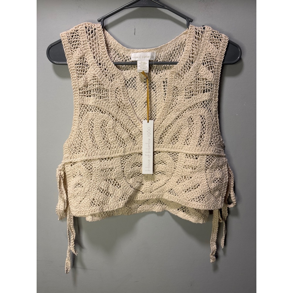 NWT House of Harlow 1960 Crochet Crop Top Beige V-Neck Side Tie Knit OS Boho - Picture 2 of 6